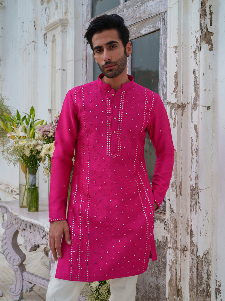 Hot Pink Mirorr Work Kurta Set With Stole