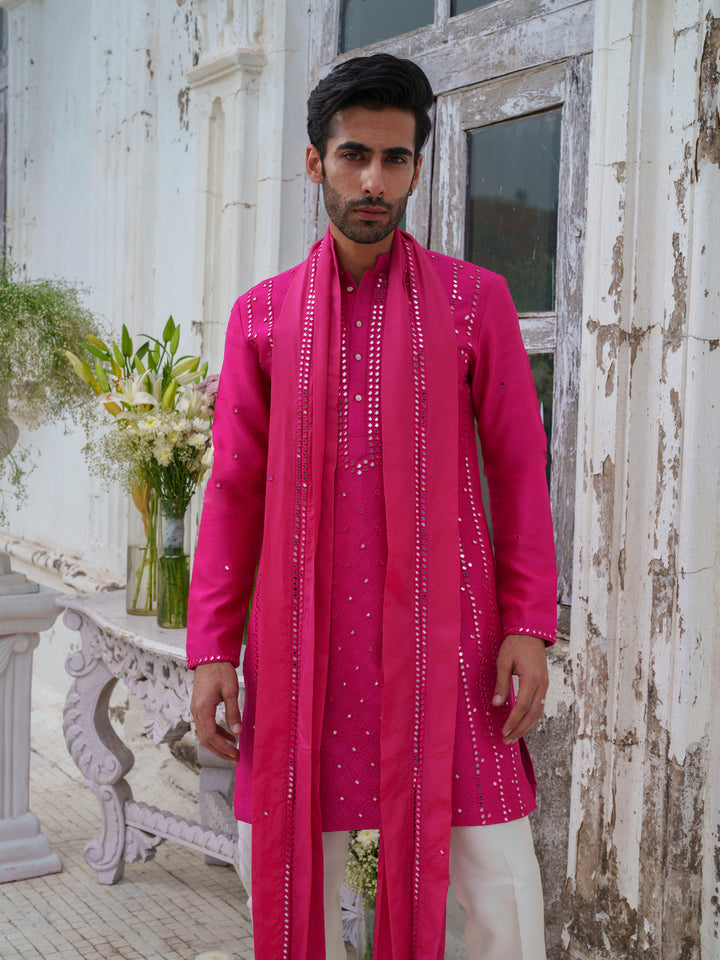 Hot Pink Mirorr Work Kurta Set With Stole