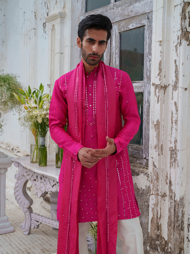 Hot Pink Mirorr Work Kurta Set With Stole