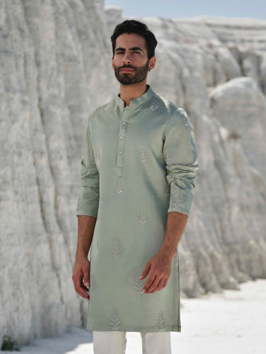Emerald  - Monotone Floral French Knotted Kurta Set