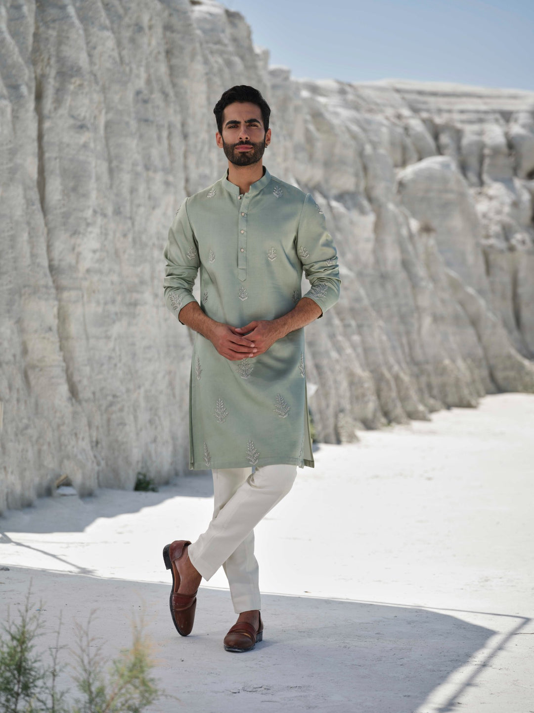 Emerald  - Monotone Floral French Knotted Kurta Set