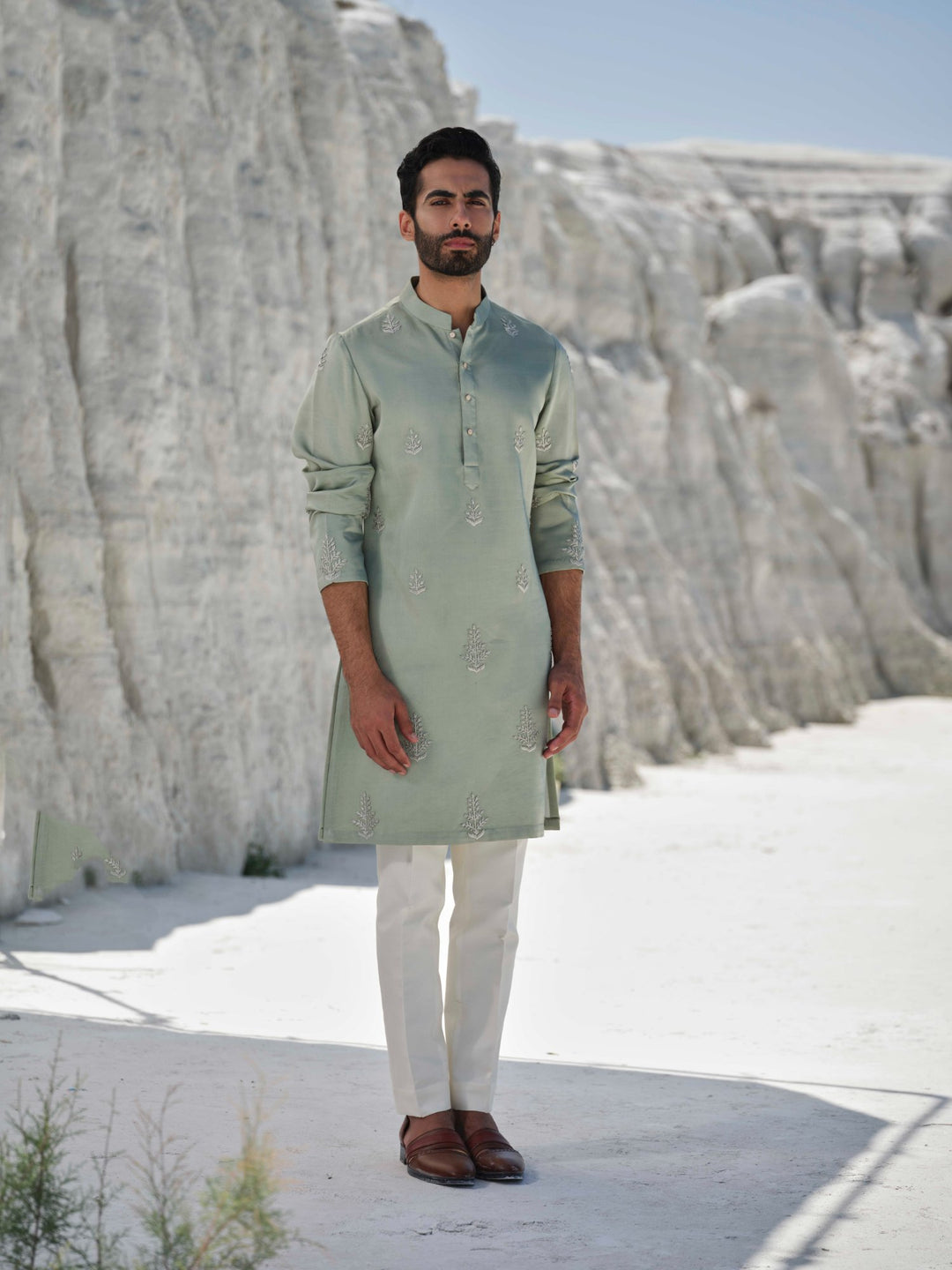 Emerald  - Monotone Floral French Knotted Kurta Set