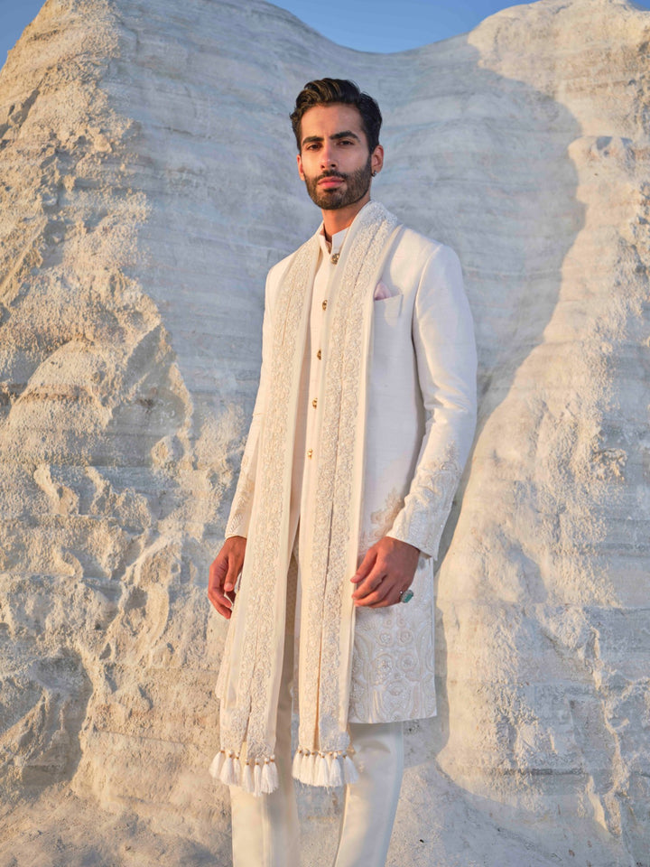 Jade - Ivory Tonal Sherwani with Pleated stole