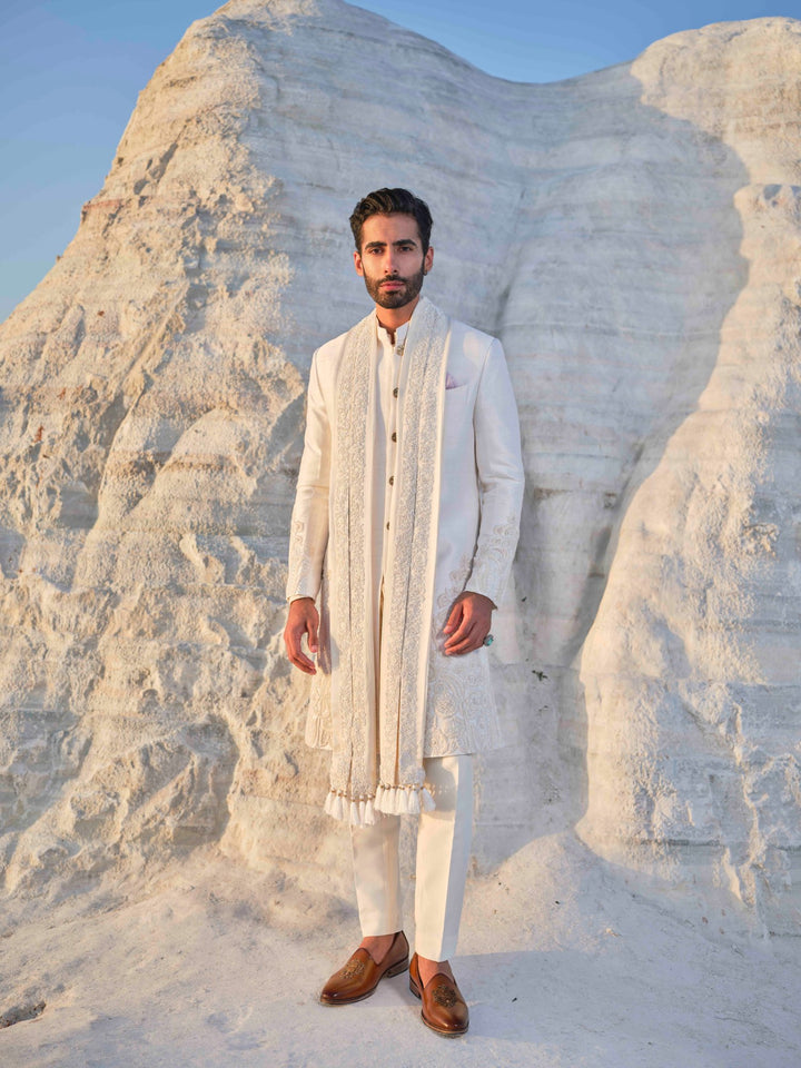Jade - Ivory Tonal Sherwani with Pleated stole