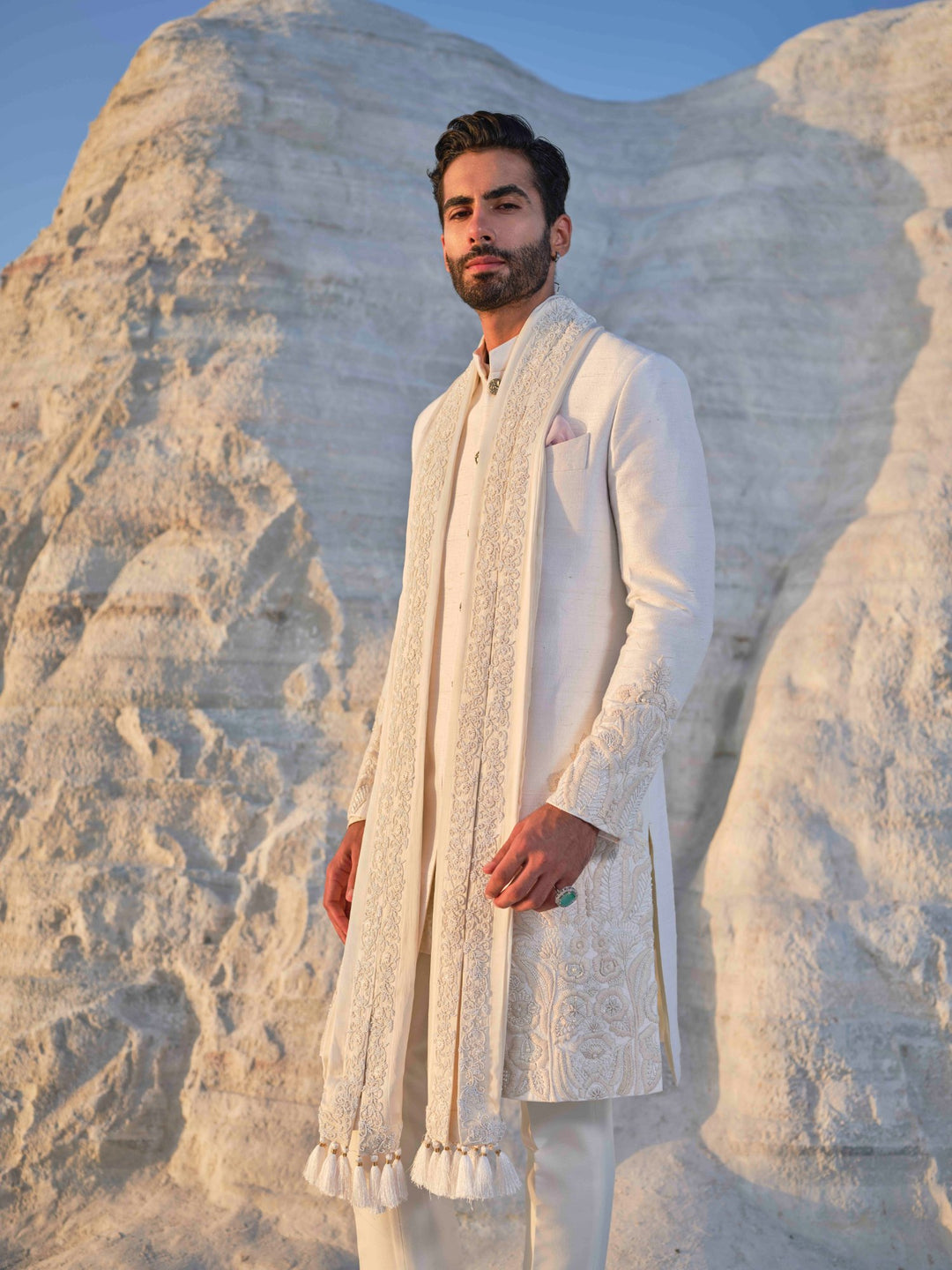 Jade - Ivory Tonal Sherwani with Pleated stole