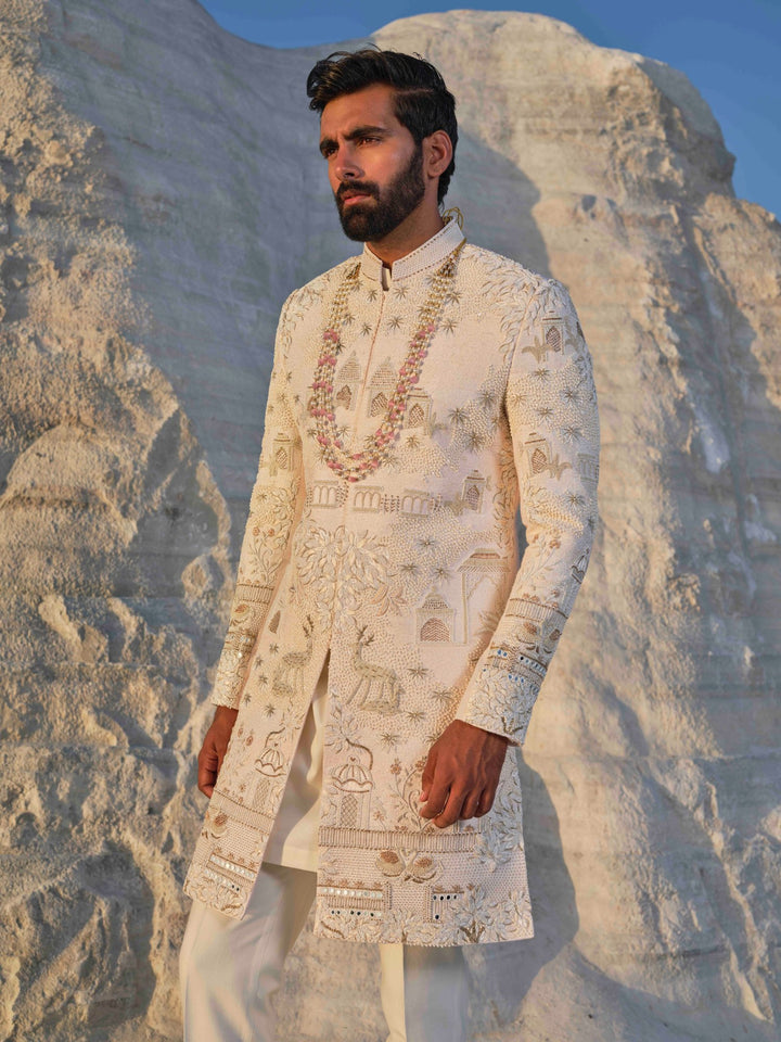 Dynasty -Light Peach  Architectural Sherwani