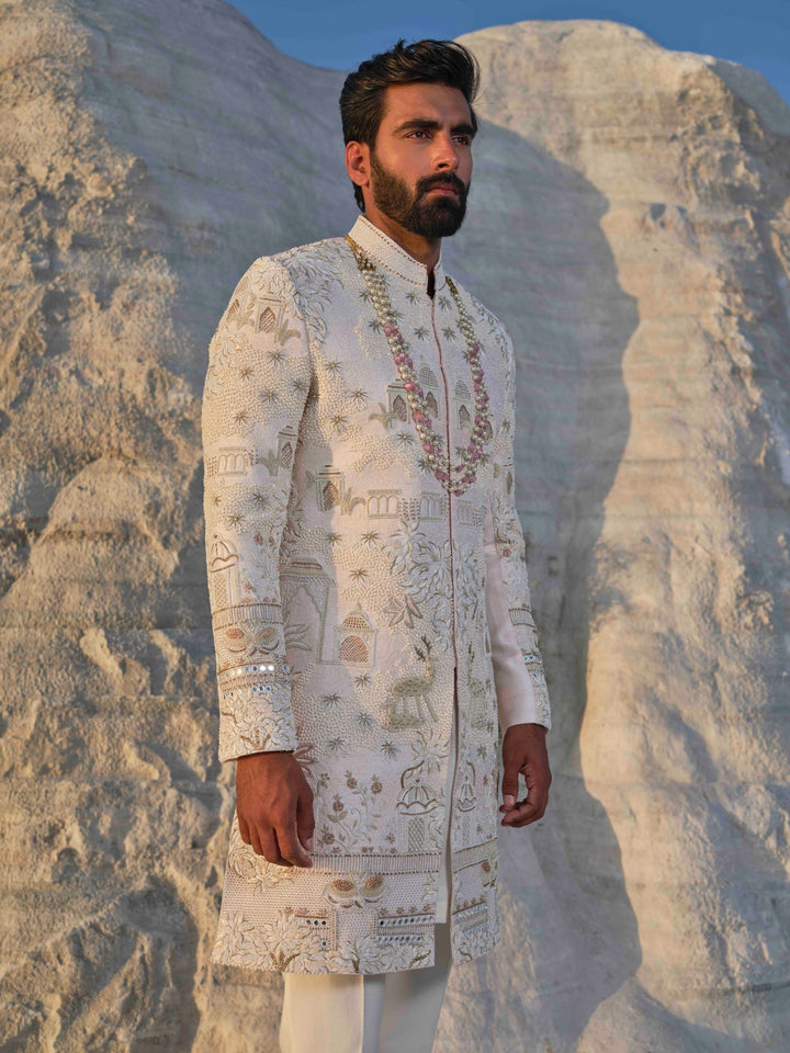 Dynasty -Light Peach  Architectural Sherwani