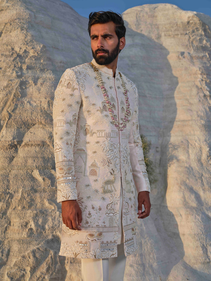 Dynasty -Light Peach  Architectural Sherwani
