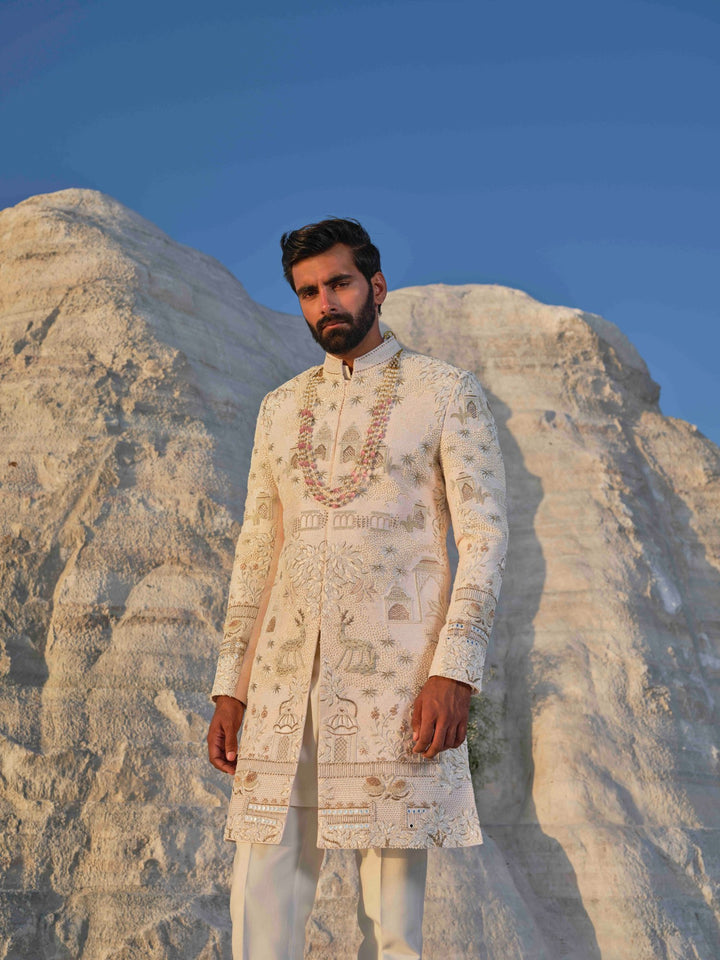 Dynasty -Light Peach  Architectural Sherwani