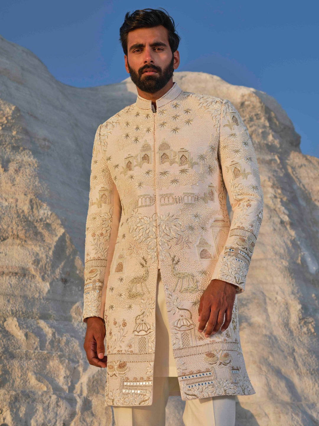 Dynasty -Light Peach  Architectural Sherwani