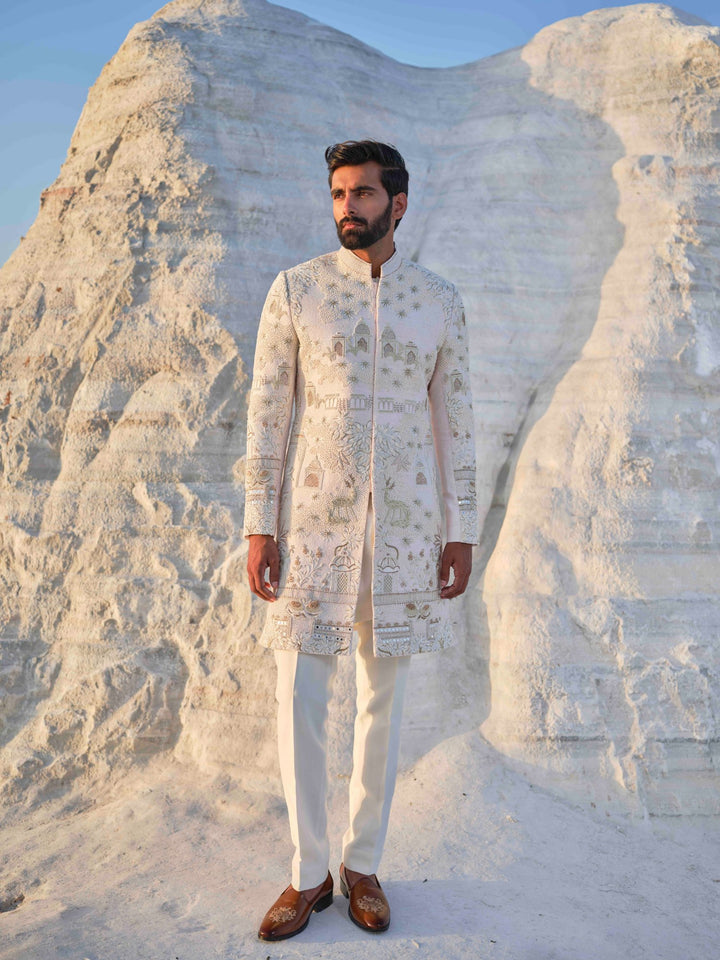 Dynasty -Light Peach  Architectural Sherwani
