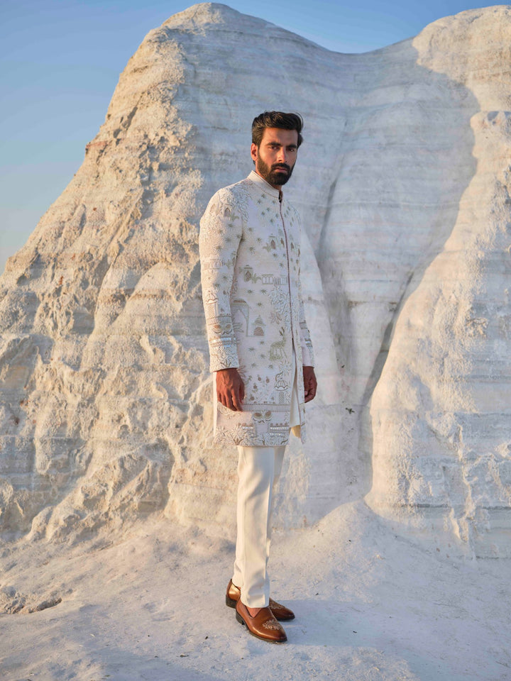 Dynasty -Light Peach  Architectural Sherwani