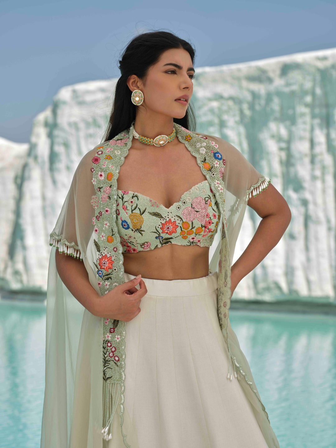 Marisella - Ivory Embroidered Lehenga Set With Cape