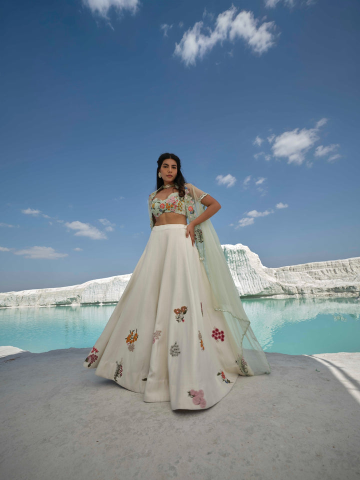 Marisella - Ivory Embroidered Lehenga Set With Cape
