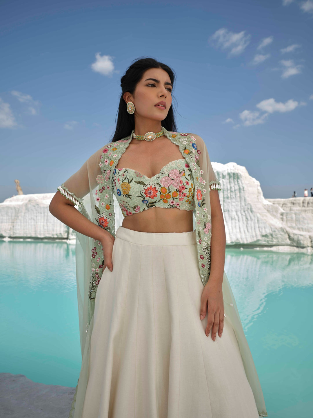 Marisella - Ivory Embroidered Lehenga Set With Cape