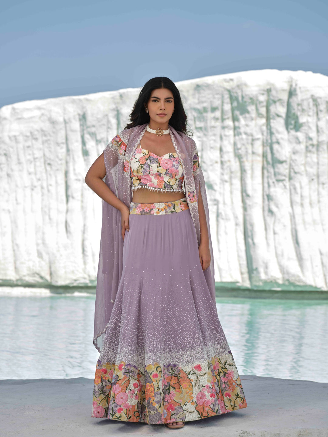 Lilac Bloom- Sequin-Sprinkled Lehenga With Floral Accents.
