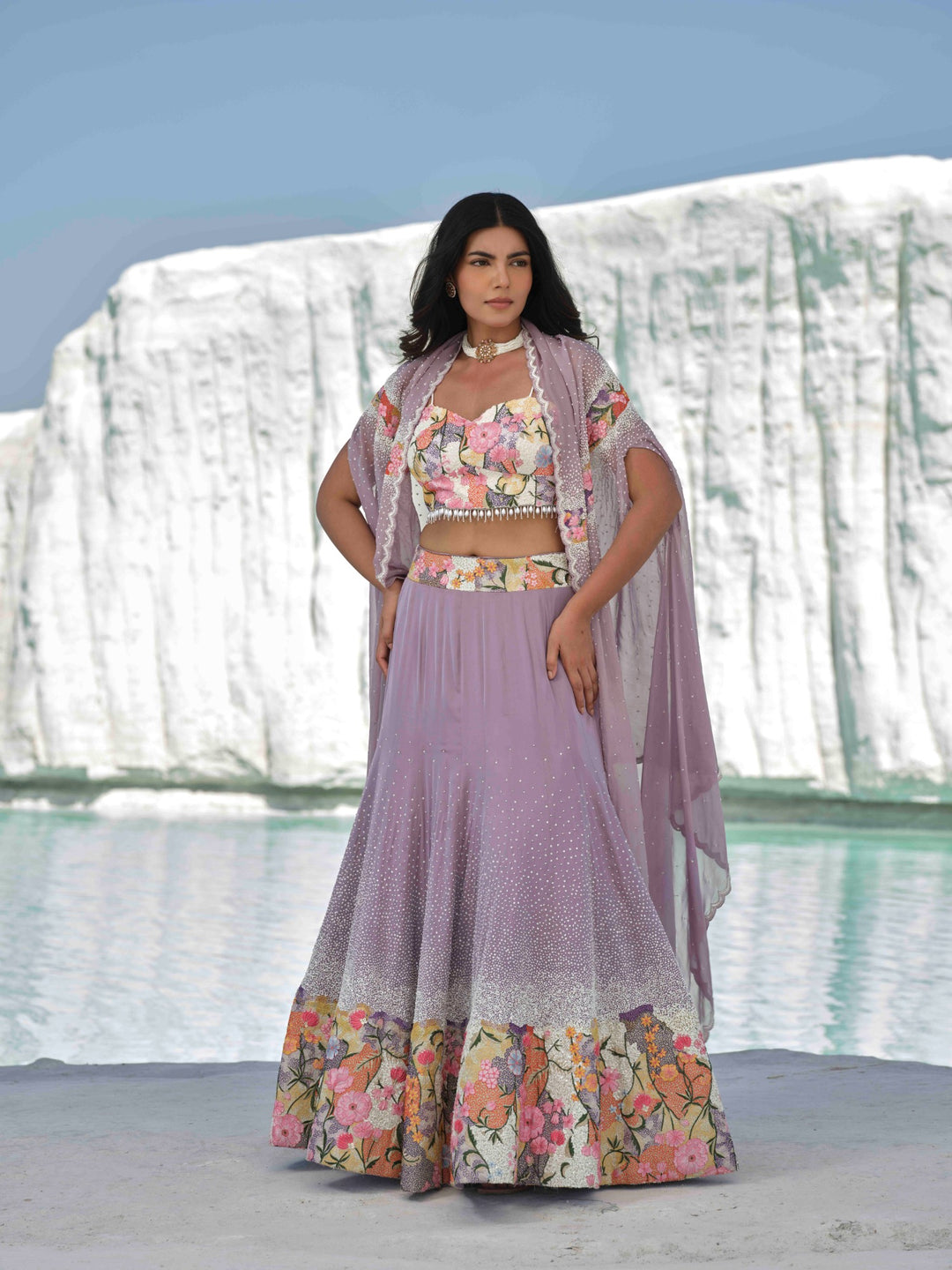 Lilac Bloom- Sequin-Sprinkled Lehenga With Floral Accents.