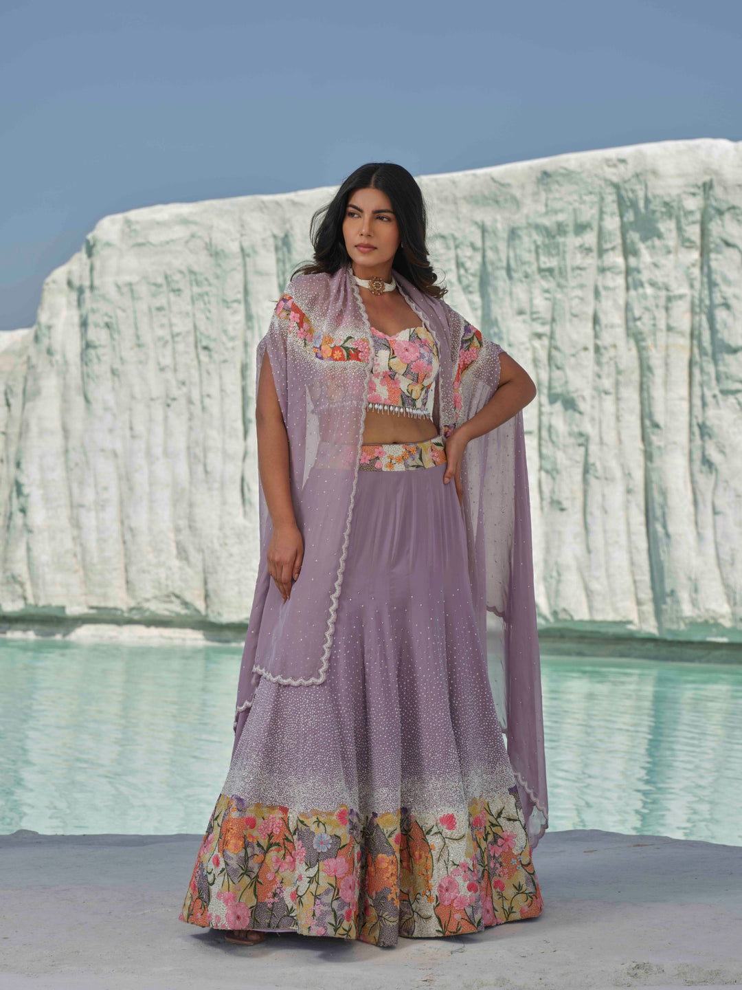 Lilac Bloom- Sequin-Sprinkled Lehenga With Floral Accents.