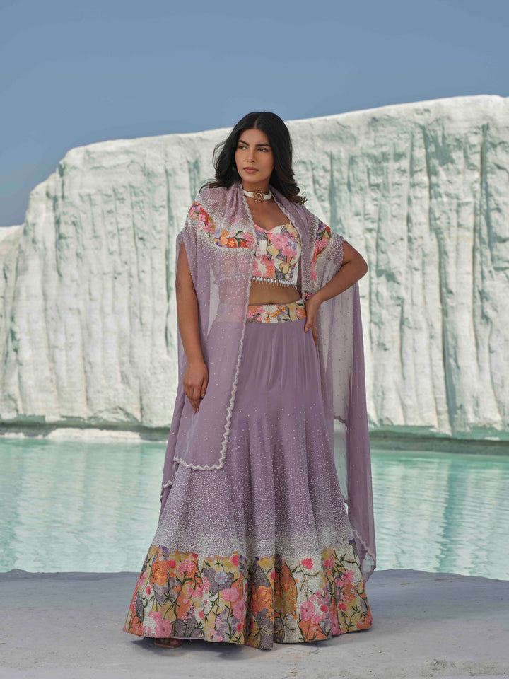 Lilac Bloom- Sequin-Sprinkled Lehenga With Floral Accents.