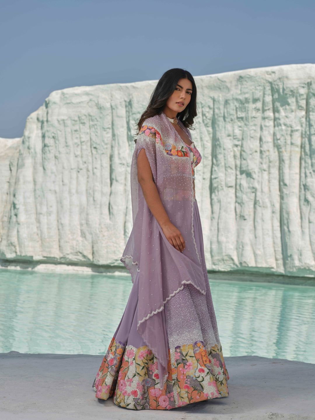 Lilac Bloom- Sequin-Sprinkled Lehenga With Floral Accents.