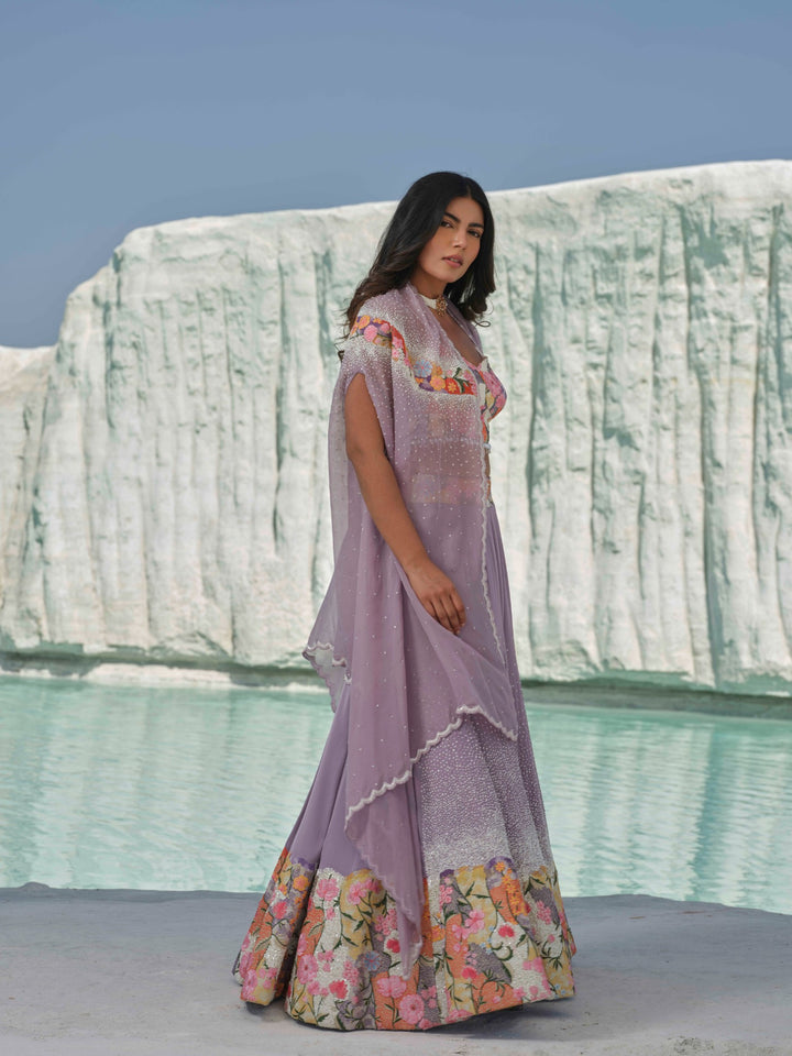 Lilac Bloom- Sequin-Sprinkled Lehenga With Floral Accents.