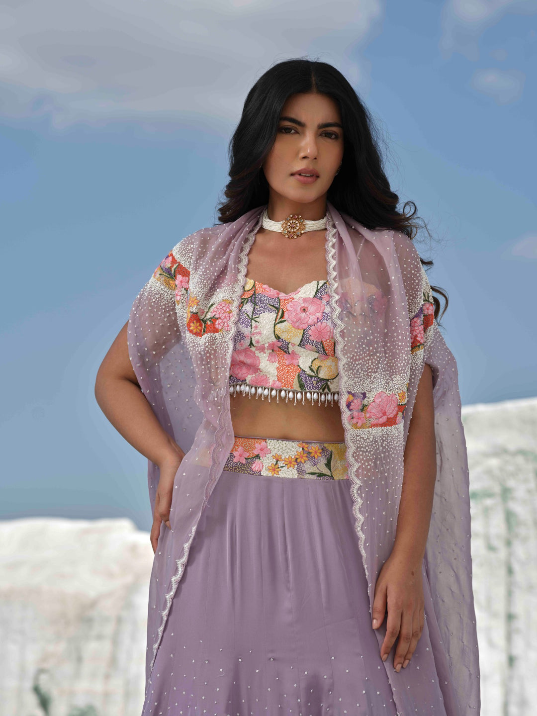 Lilac Bloom- Sequin-Sprinkled Lehenga With Floral Accents.