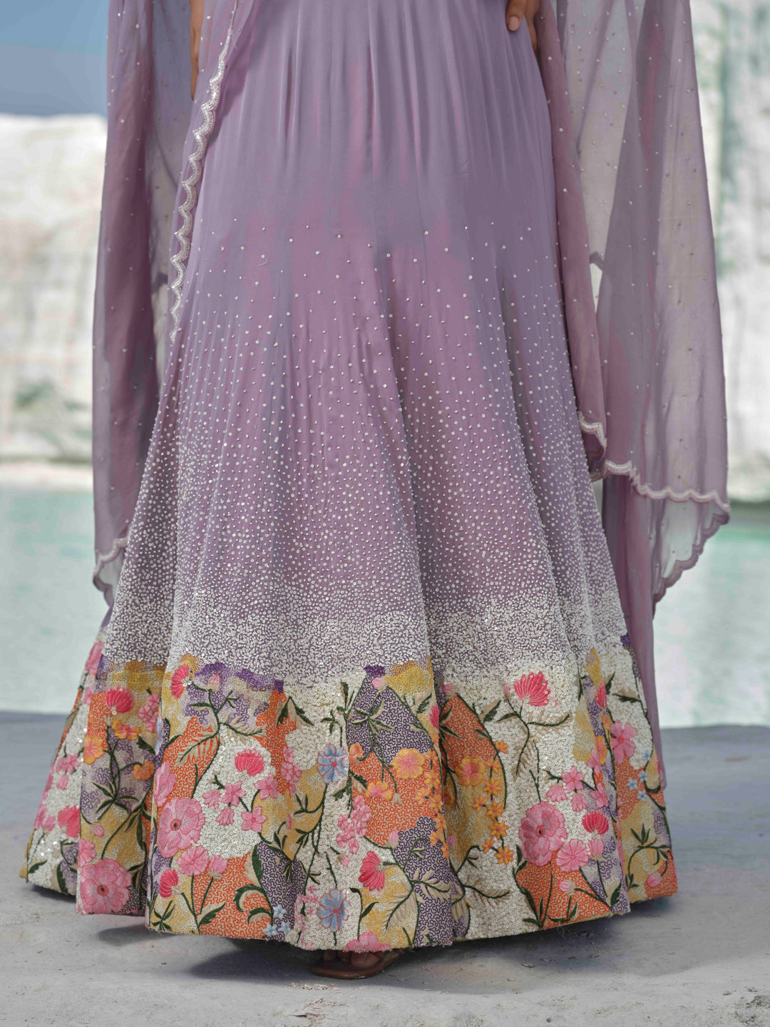 Lilac Bloom- Sequin-Sprinkled Lehenga With Floral Accents.