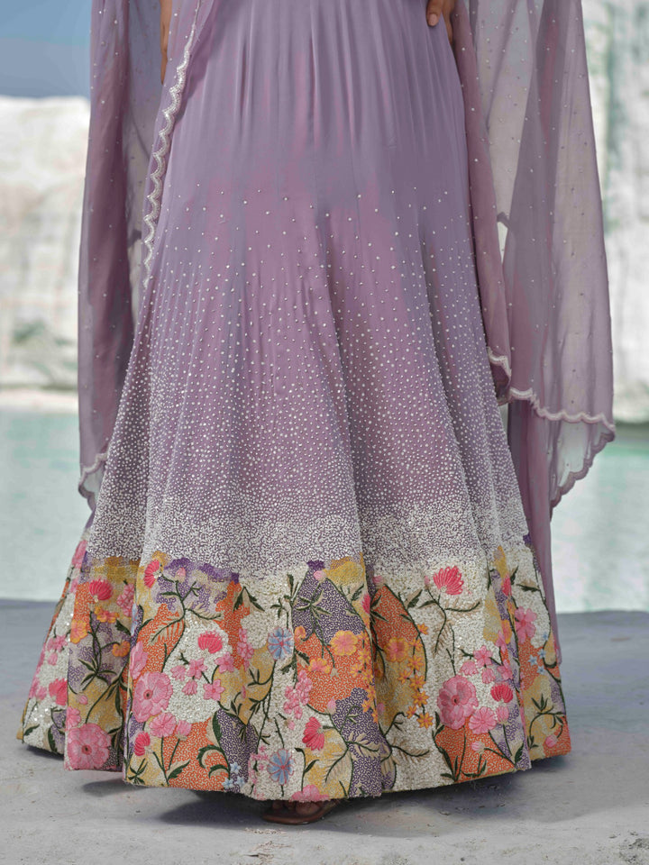 Lilac Bloom- Sequin-Sprinkled Lehenga With Floral Accents.