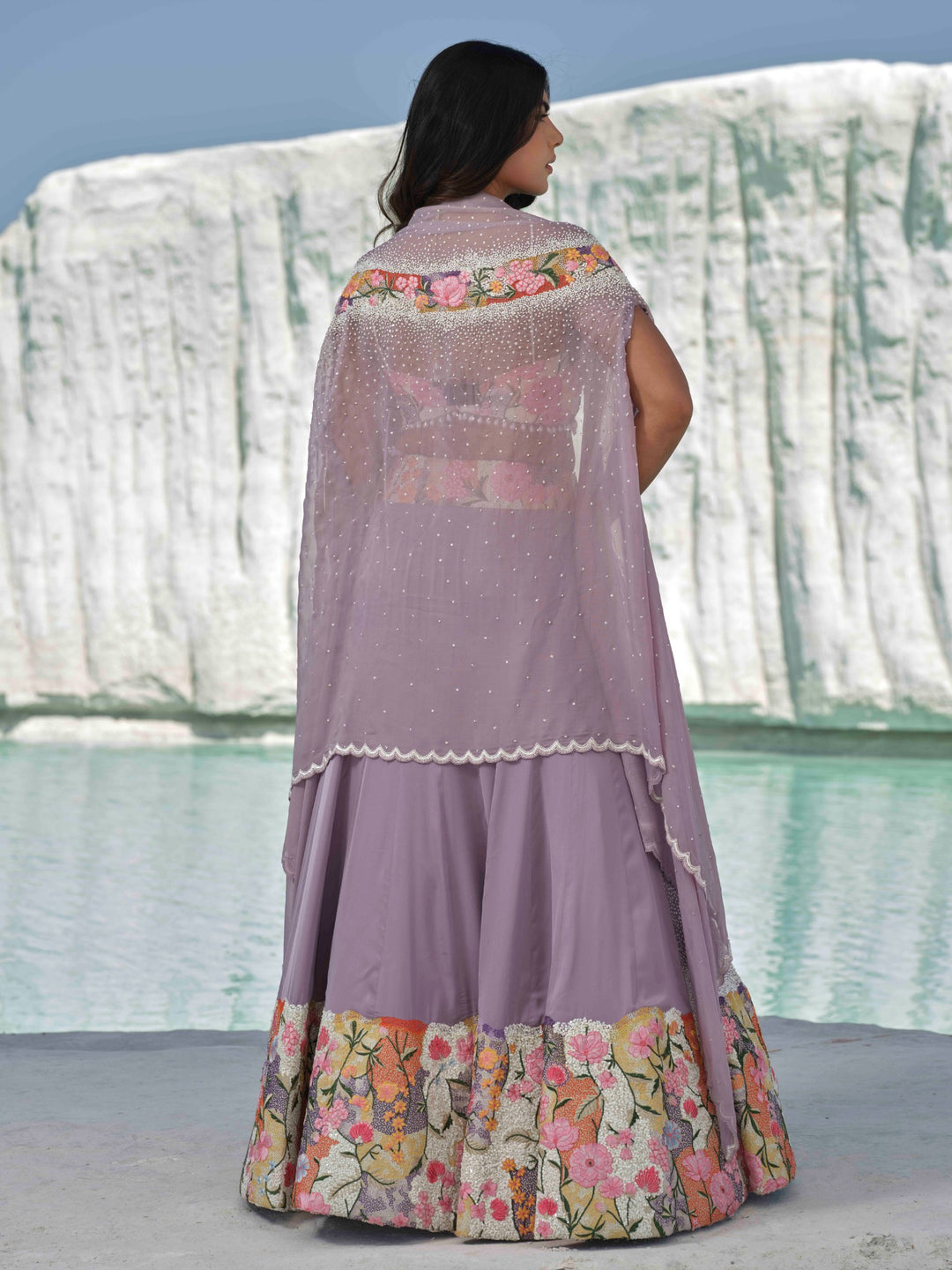 Lilac Bloom- Sequin-Sprinkled Lehenga With Floral Accents.