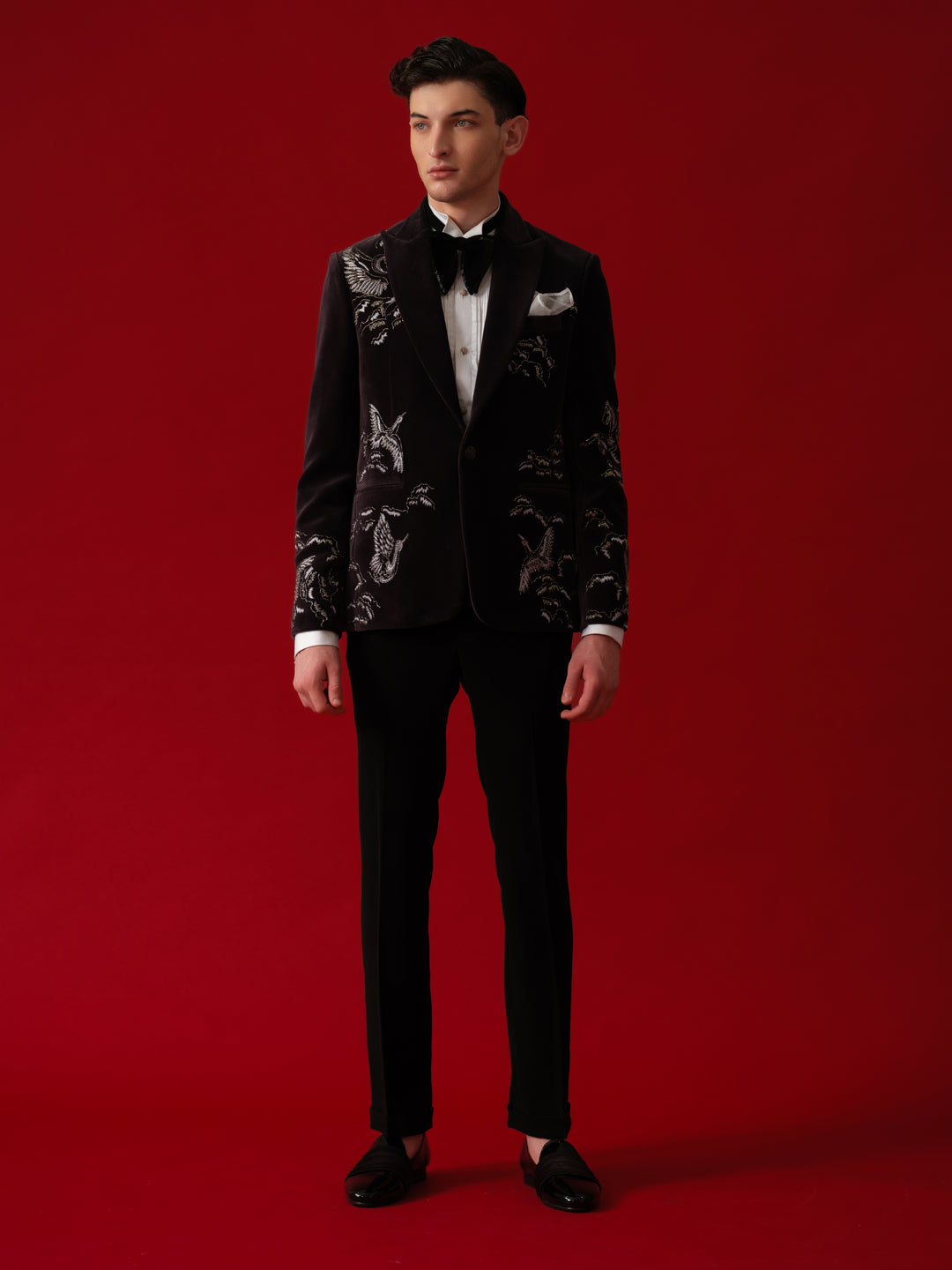 DARK BLUE EMBROIDERD TUXEDO WITH SHAWL LAPEL