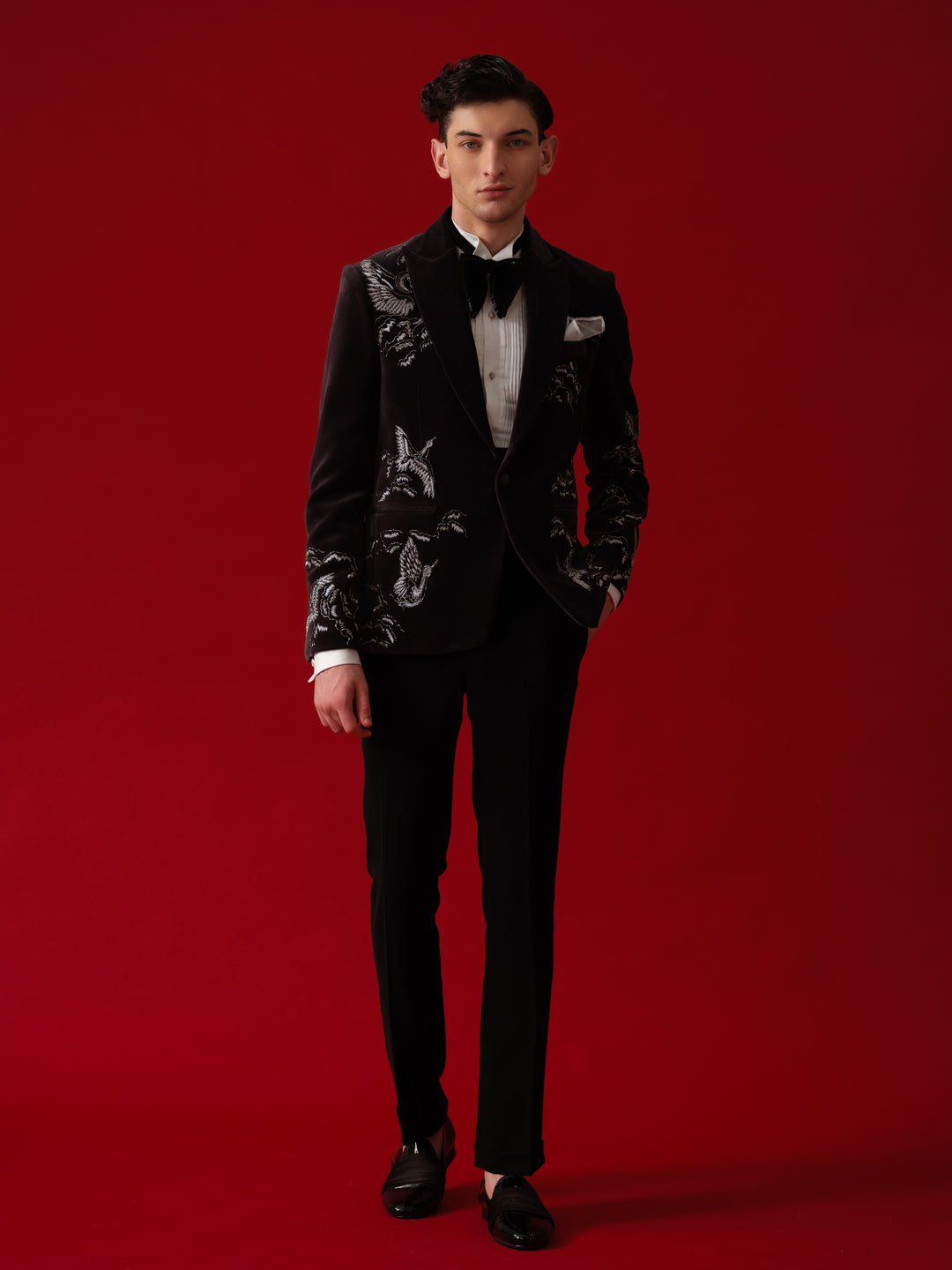 DARK BLUE EMBROIDERD TUXEDO WITH SHAWL LAPEL