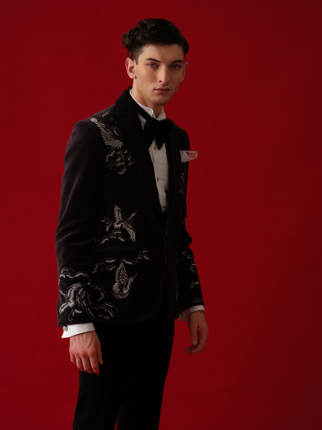 DARK BLUE EMBROIDERD TUXEDO WITH SHAWL LAPEL