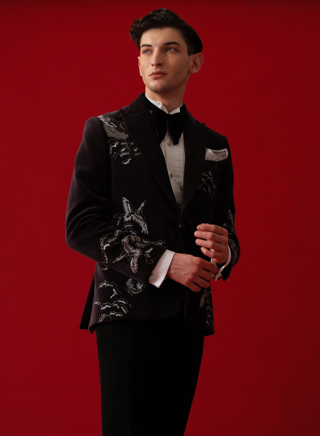 DARK BLUE EMBROIDERD TUXEDO WITH SHAWL LAPEL