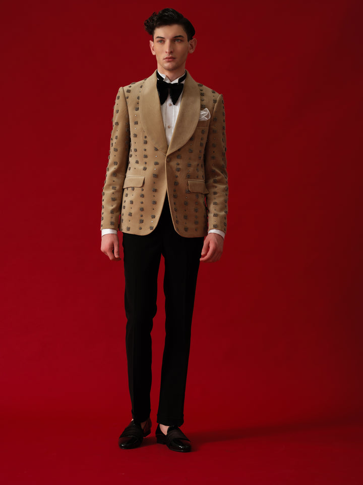 BEIGE HAND EMBROIDERD TUXEDO WITH SHAWL LAPEL