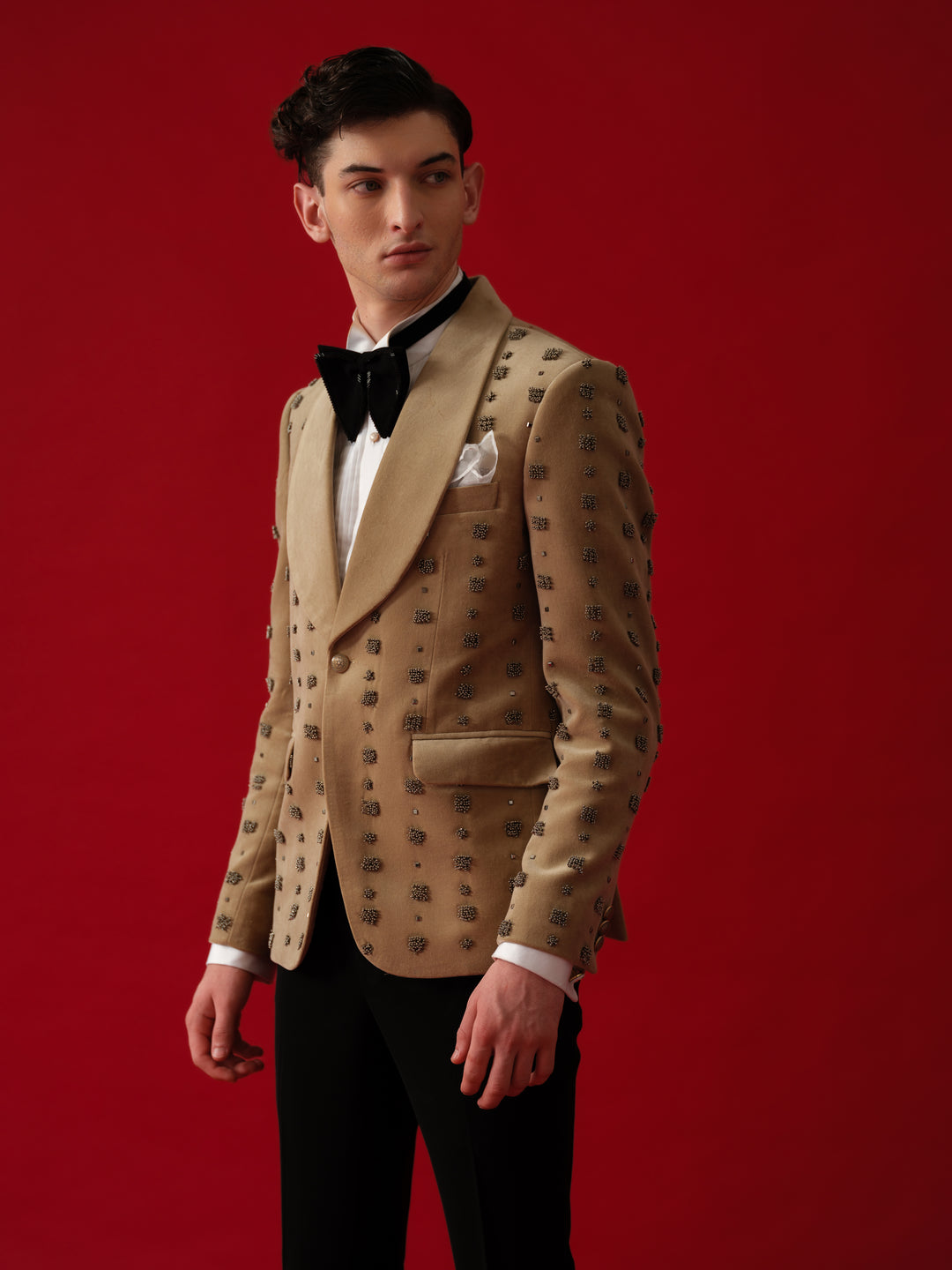 BEIGE HAND EMBROIDERD TUXEDO WITH SHAWL LAPEL