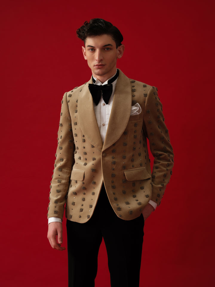 BEIGE HAND EMBROIDERD TUXEDO WITH SHAWL LAPEL