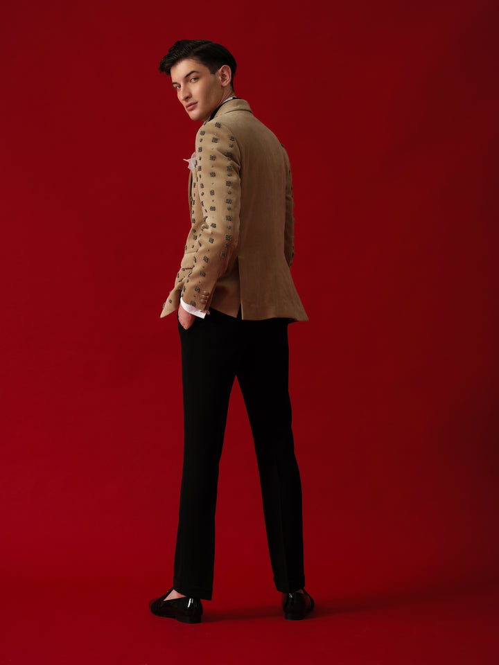 BEIGE HAND EMBROIDERD TUXEDO WITH SHAWL LAPEL