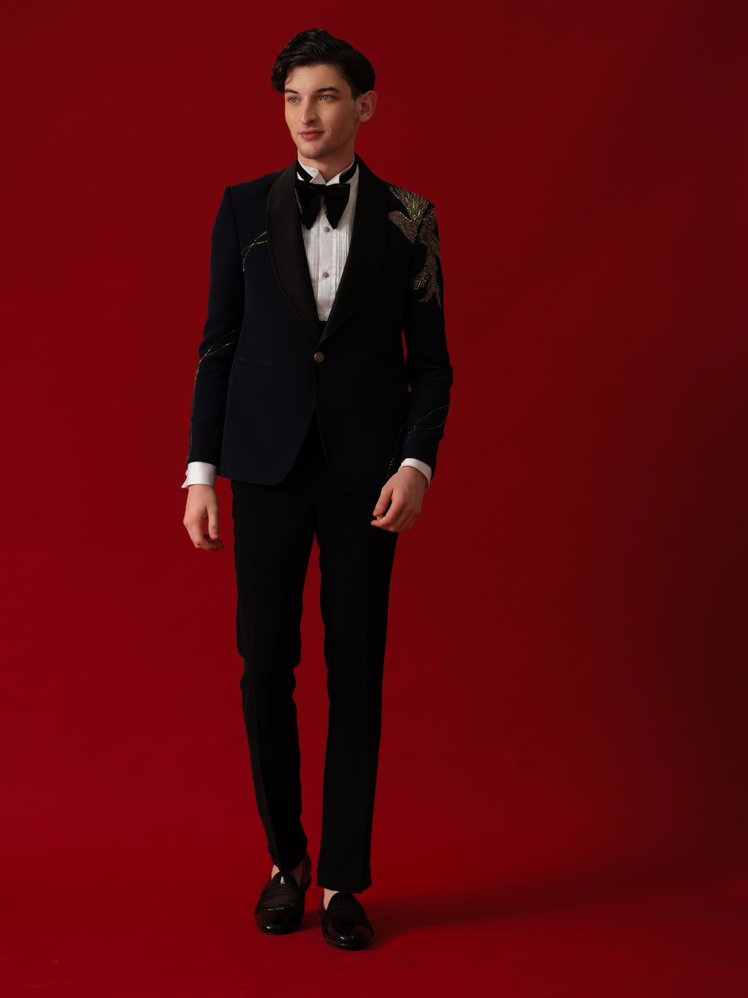 DARK BLUE HAND EMBROIDERD TUXEDO WITH SHAWL LAPEL