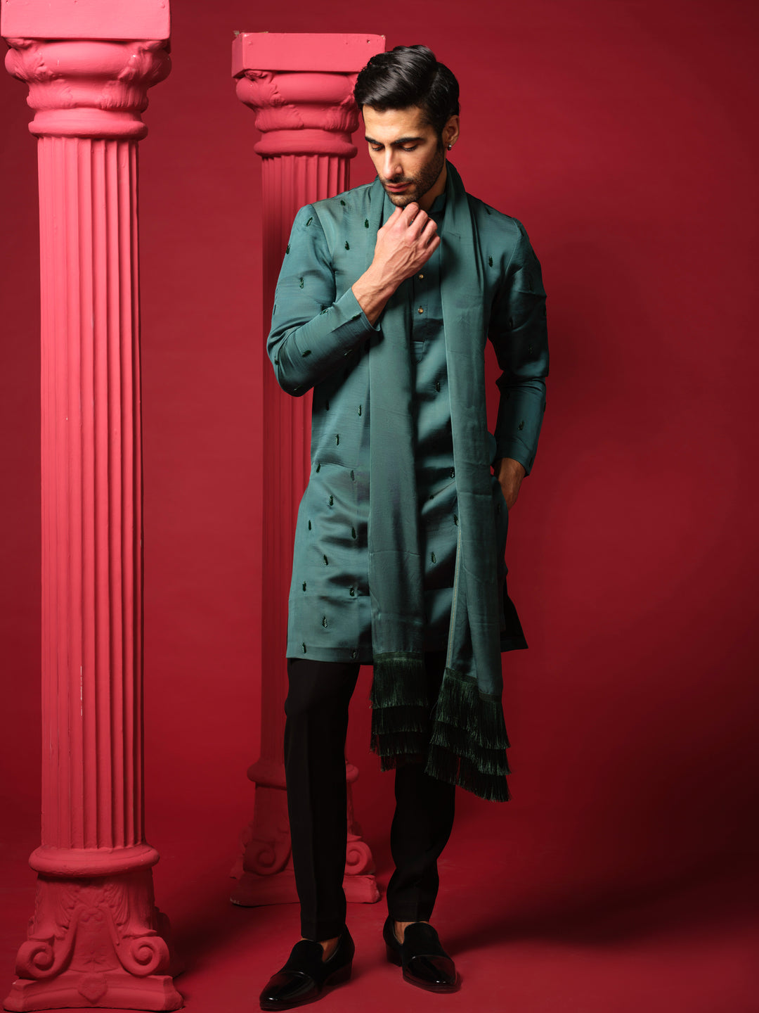 Bottle Green Embroidered Kurta Set