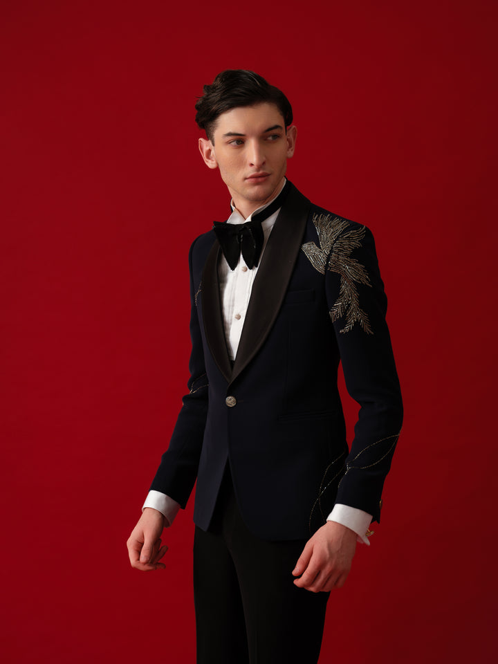 DARK BLUE HAND EMBROIDERD TUXEDO WITH SHAWL LAPEL