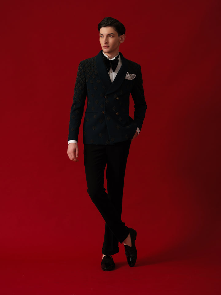 TEAL GREEN EMBROIDERED TUXEDO WITH SHAWL LAPEL