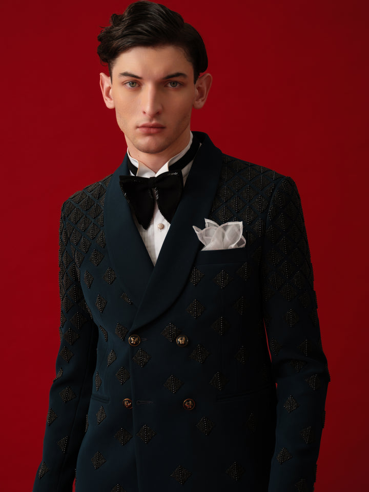 TEAL GREEN EMBROIDERED TUXEDO WITH SHAWL LAPEL