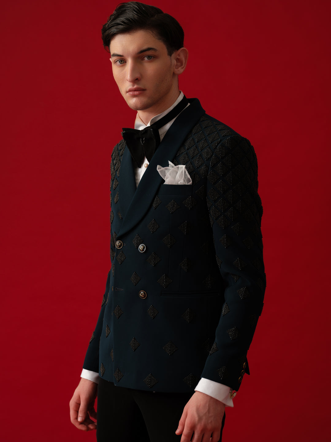 TEAL GREEN EMBROIDERED TUXEDO WITH SHAWL LAPEL