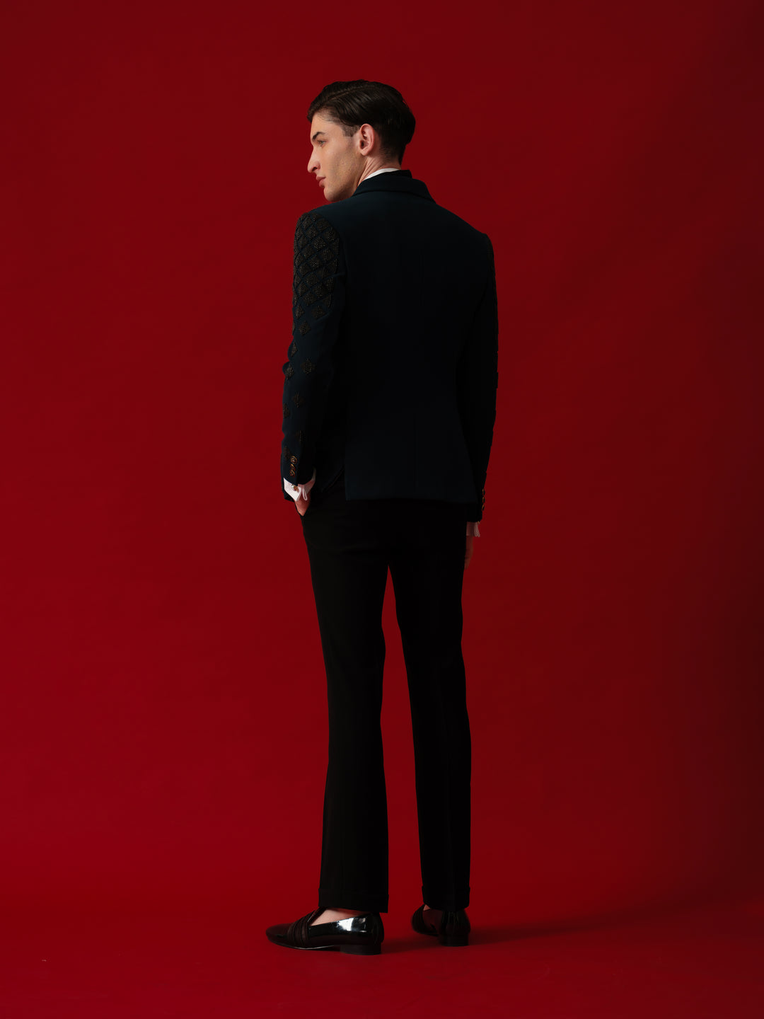 TEAL GREEN EMBROIDERED TUXEDO WITH SHAWL LAPEL