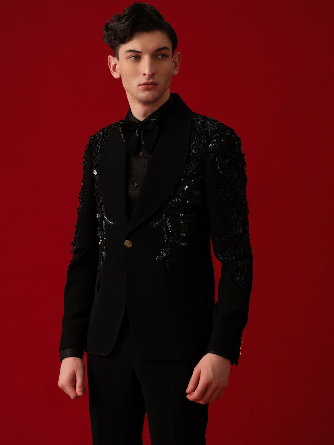 BLACK EMBROIDERED TUXEDO WITH SHAWL LAPEL