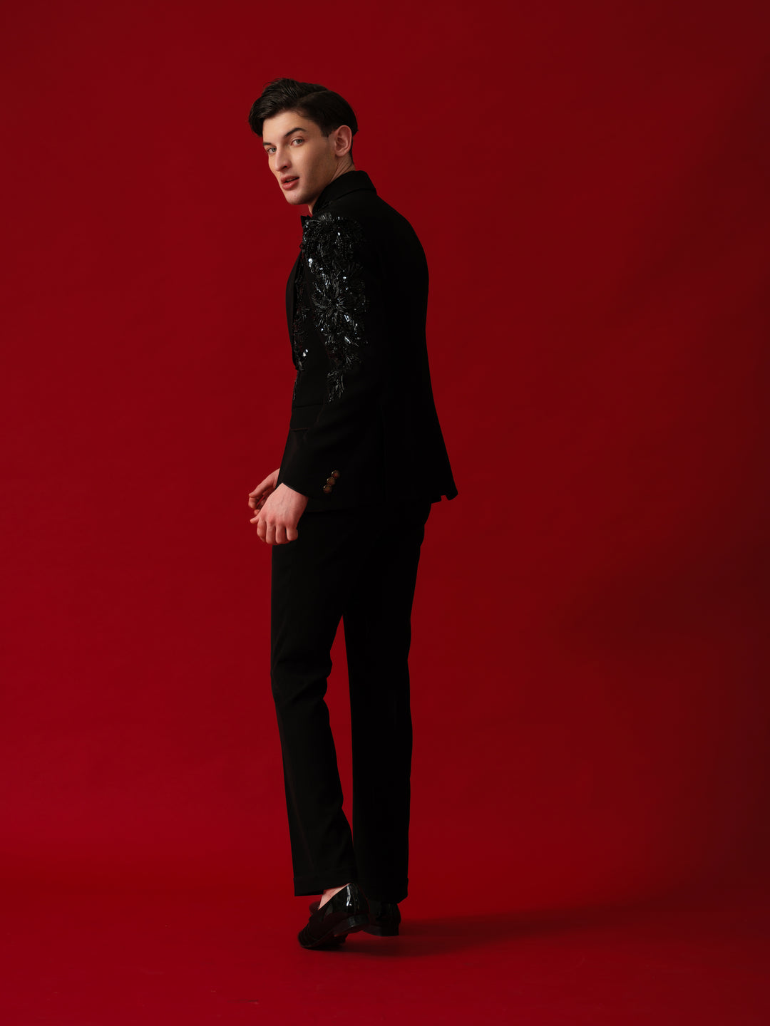 BLACK EMBROIDERED TUXEDO WITH SHAWL LAPEL