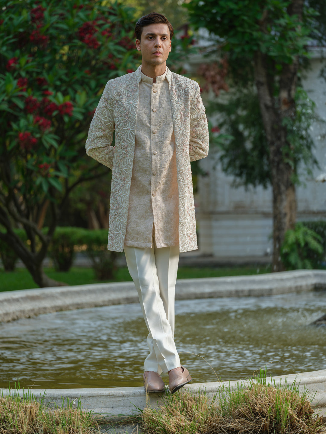 Ivory Geometric Embroidered Open Jacket Set