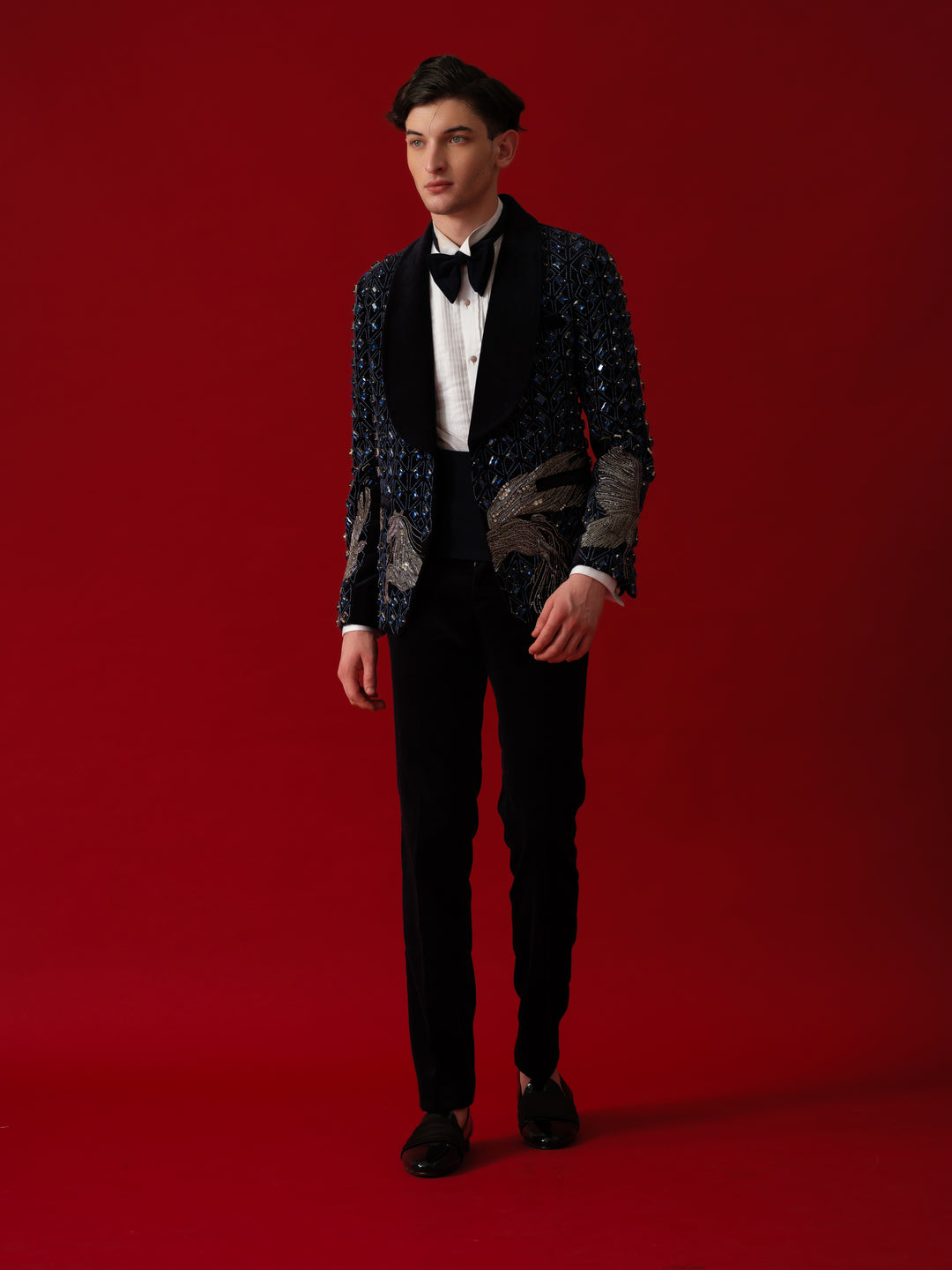 NAVY BLUE EMBROIDERED TUXEDO WITH SHAWL LAPEL