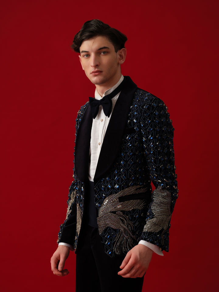 NAVY BLUE EMBROIDERED TUXEDO WITH SHAWL LAPEL