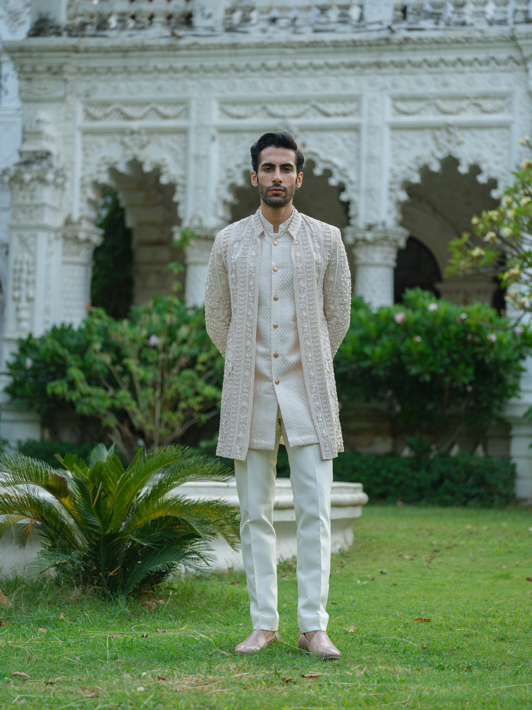 Cream Embroidered Open Jacket Set